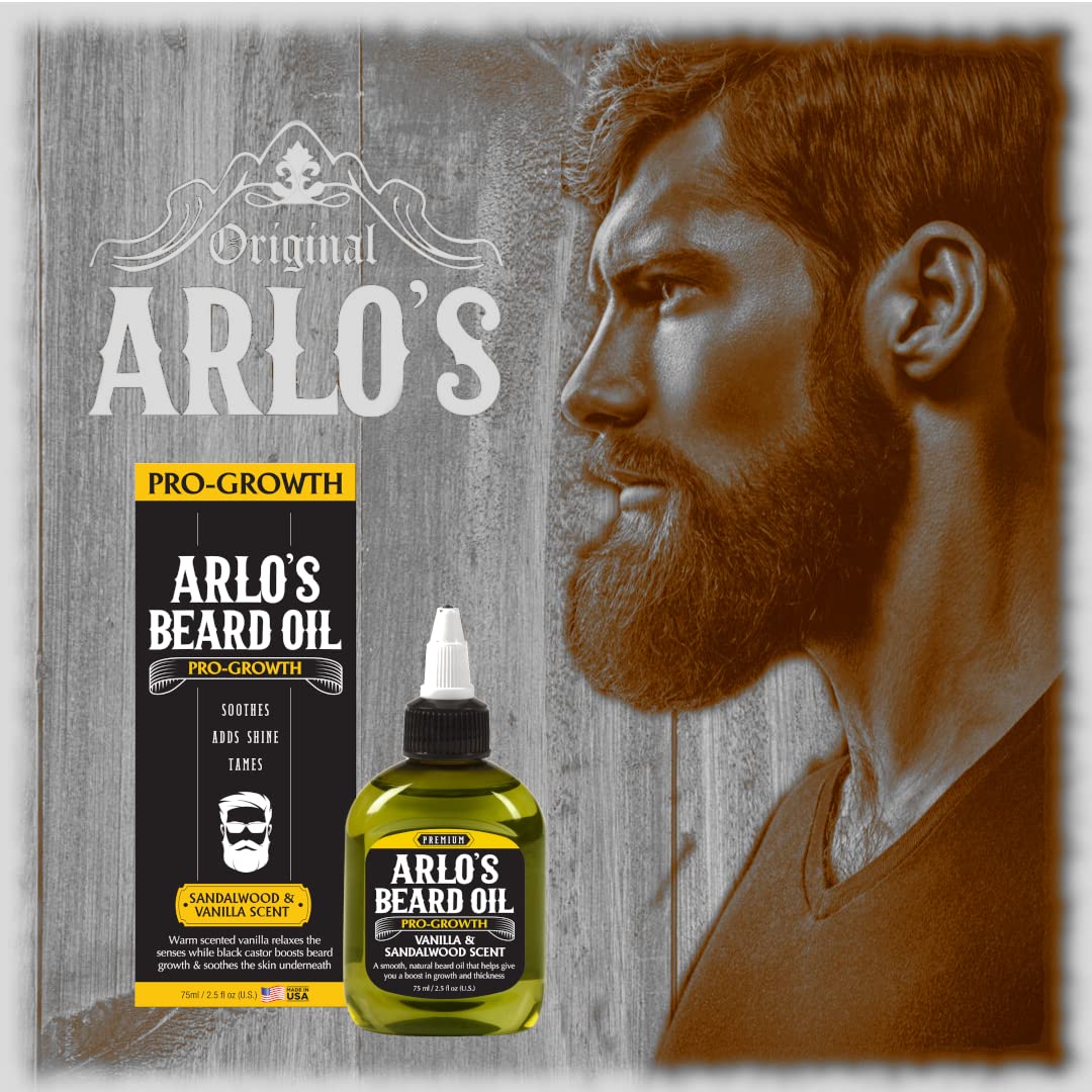 Arlo's Beard Oil - Pro-Growth Sandalwood & Vanilla Scent 2.5oz lifestyle image featuring a bearded man with the 75ml beard oil and retail box, promoting thicker beard growth, softer facial hair and a healthy natural shine.