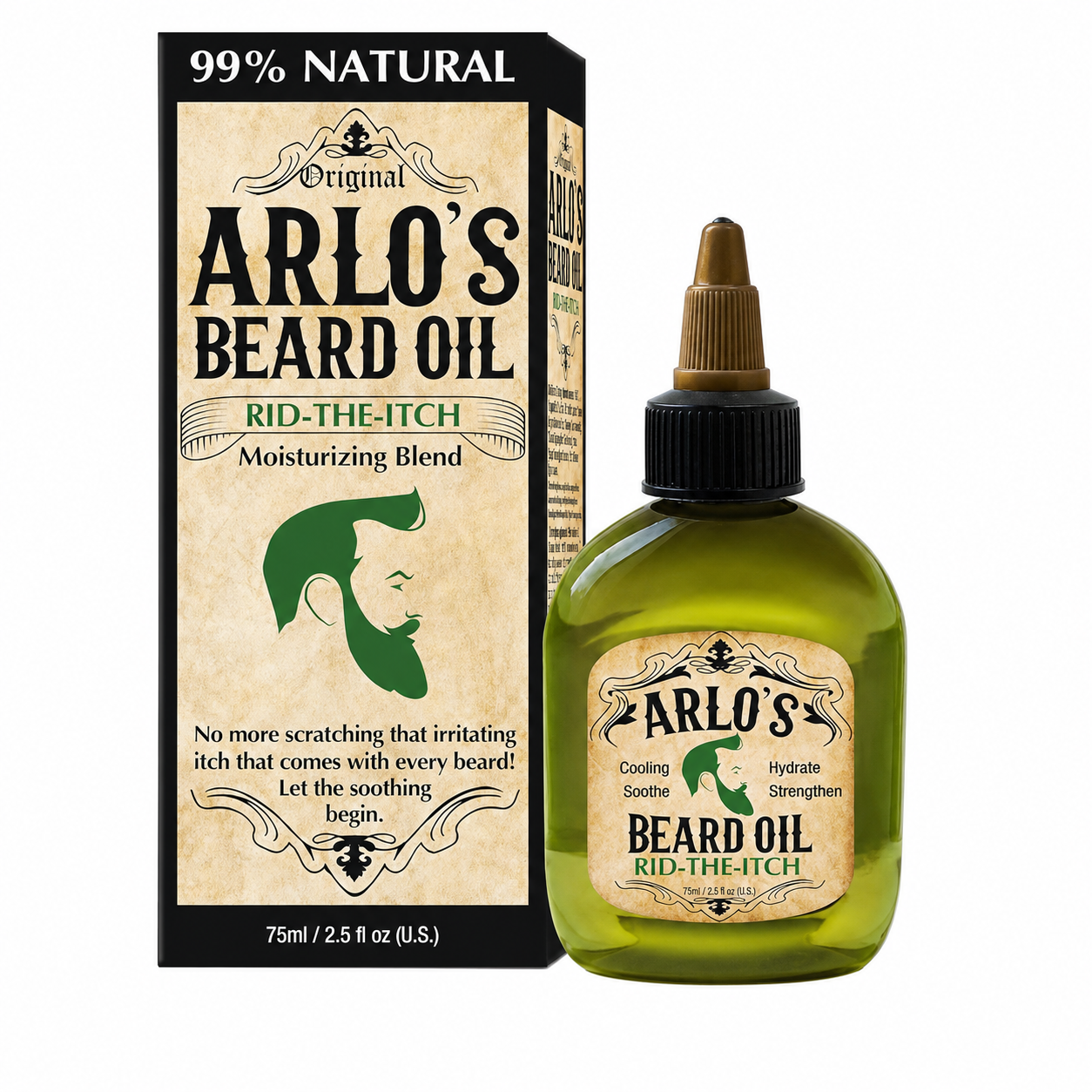 Arlo's Beard Oil Rid-The-Itch Moisturizing Blend 75ml (2.5 fl oz) with a 99% natural formula to soothe beard itch, moisturise, hydrate, strengthen and condition facial hair.