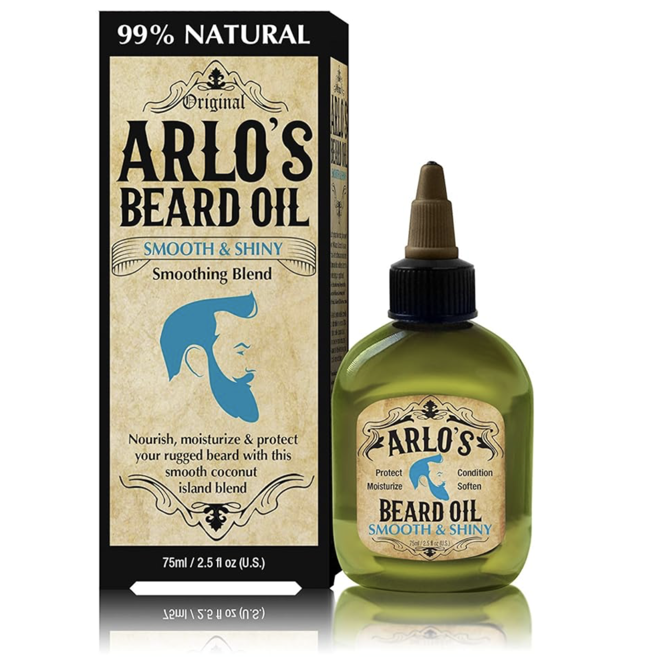 Arlo's Beard Oil Smooth & Shiny Smoothing Blend 75ml (2.5 fl oz) with a 99% natural formula to nourish, moisturise, condition and soften beards while adding a healthy shine.