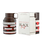 Armaf Odyssey Black Forest Eau De Parfum 100ml fragrance bottle alongside matching Black Forest Dessert Edition retail packaging, featuring chocolate and cherry-inspired design elements.