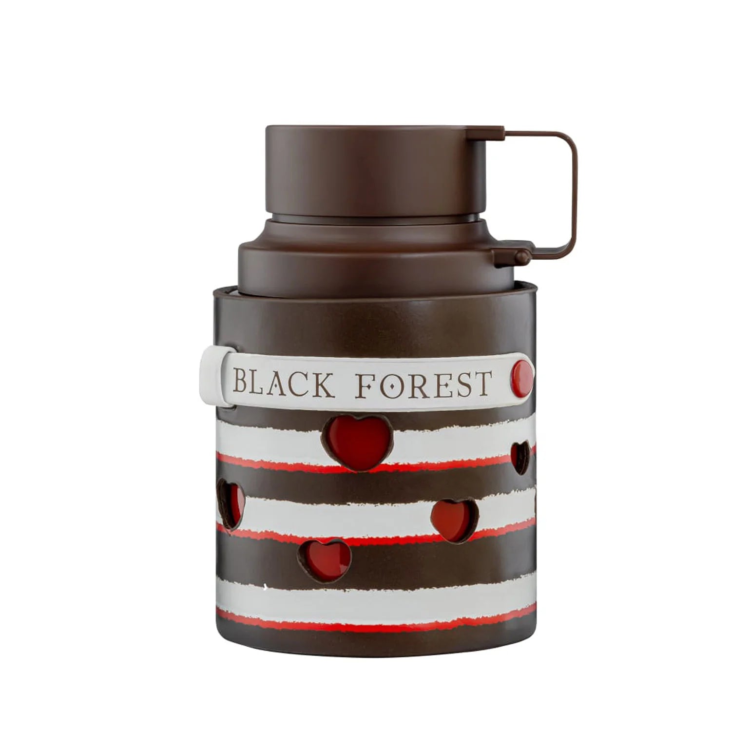 Armaf Odyssey Black Forest Eau De Parfum 100ml gourmand fragrance bottle featuring a dark chocolate-brown design with red heart accents and striped detailing, isolated on a white background.