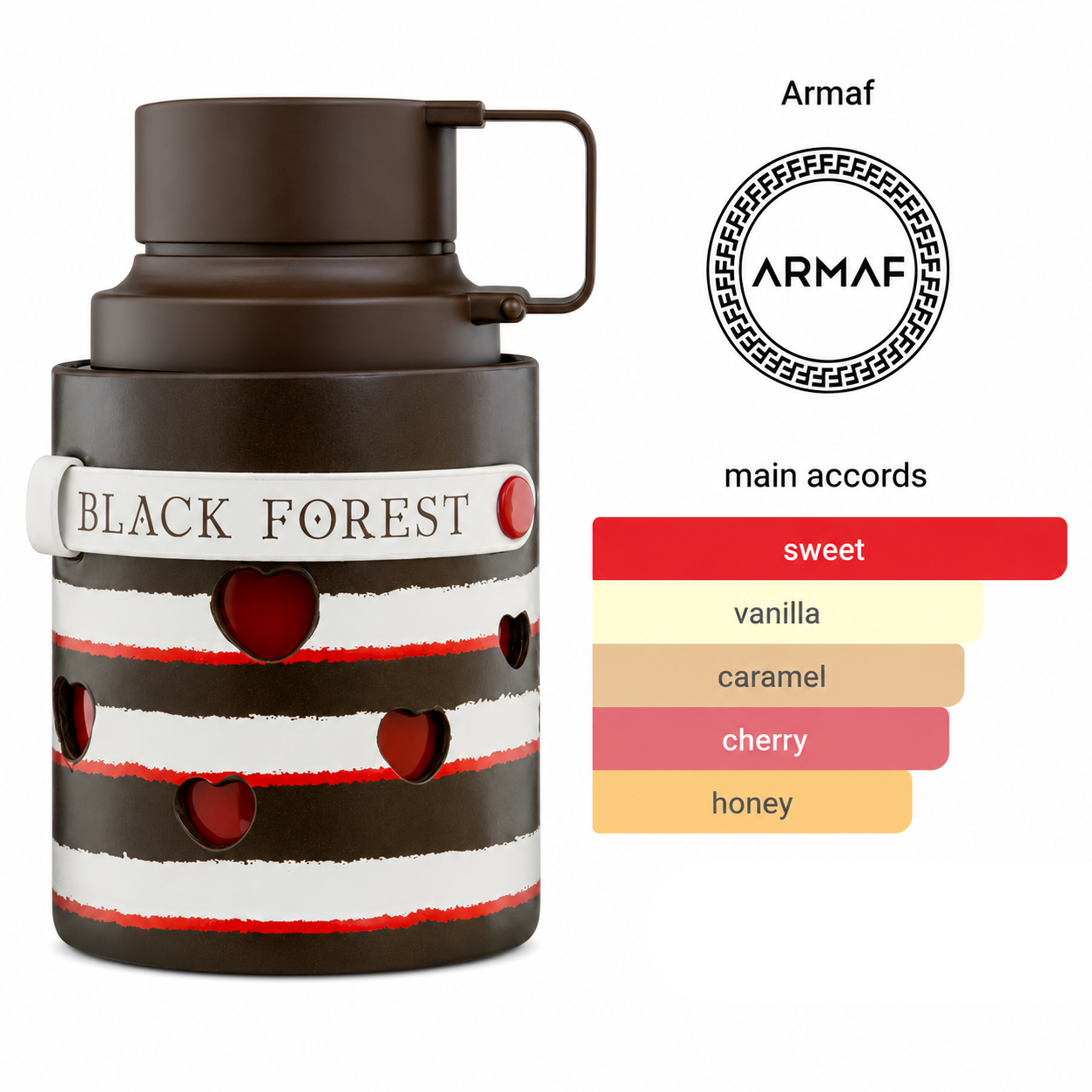 Armaf Odyssey Black Forest Eau De Parfum 100ml dessert-inspired fragrance highlighting sweet, vanilla, caramel, cherry and honey accords in a distinctive chocolate-themed bottle design.