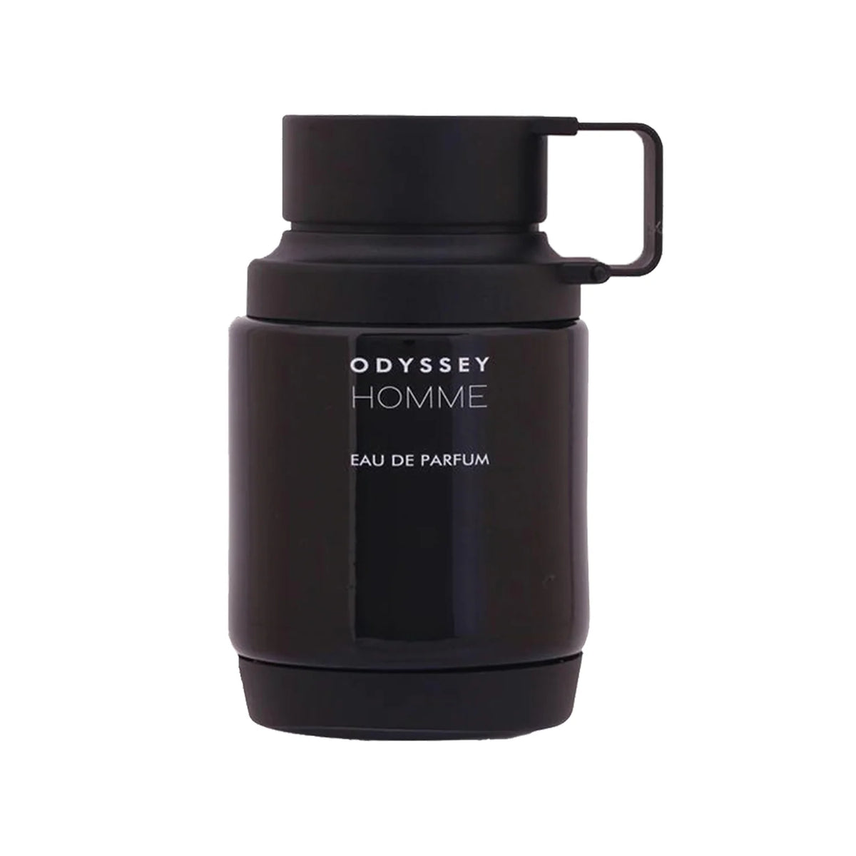Armaf Odyssey Homme Eau De Parfum 100ml men's fragrance bottle featuring a sleek all-black design with a modern cylindrical silhouette, isolated on a white background.