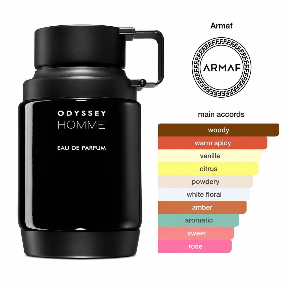 Armaf Odyssey Homme Eau De Parfum 100ml men's fragrance showcasing woody, warm spicy, vanilla, citrus, powdery, amber and aromatic accords in a sophisticated black bottle design.