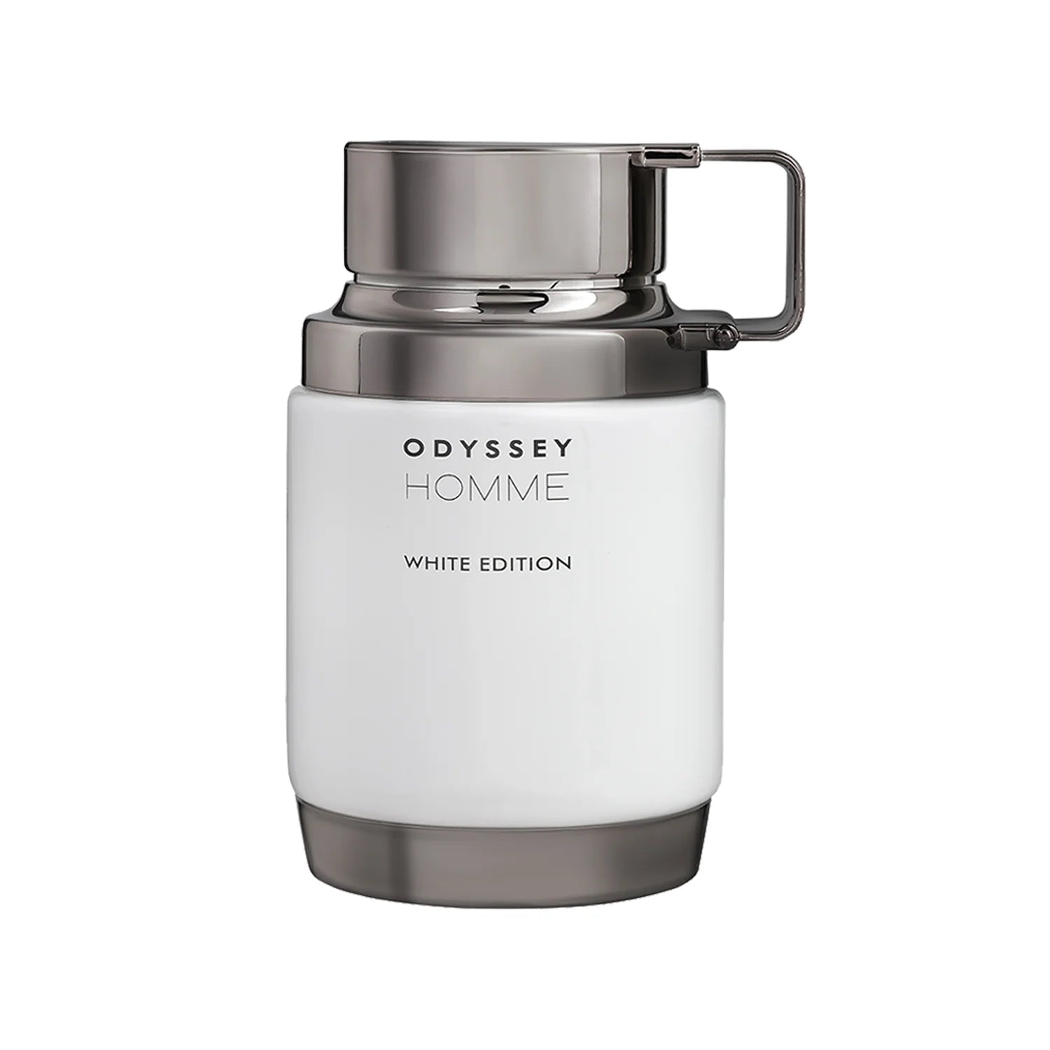 Armaf Odyssey Homme White Edition Eau De Parfum 100ml men's fragrance bottle featuring a clean white finish with metallic gunmetal accents, isolated on a white background.