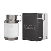 Armaf Odyssey Homme White Edition Eau De Parfum 100ml men's perfume bottle with matching black and white retail box, premium masculine fragrance presentation on a white background.