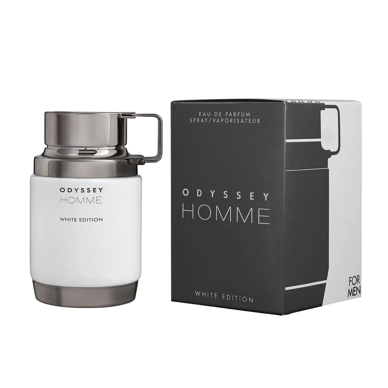 Armaf Odyssey Homme White Edition Eau De Parfum 100ml men's perfume bottle with matching black and white retail box, premium masculine fragrance presentation on a white background.