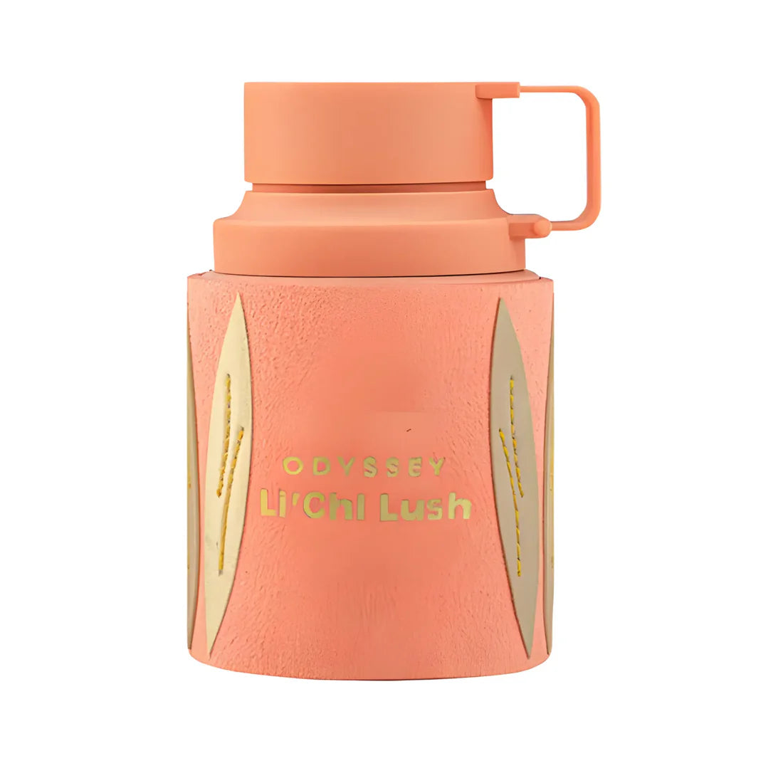 Armaf Odyssey Li'Chi Lush Eau De Parfum 100ml perfume bottle with elegant peach-pink finish and gold accents, isolated on a white background.
