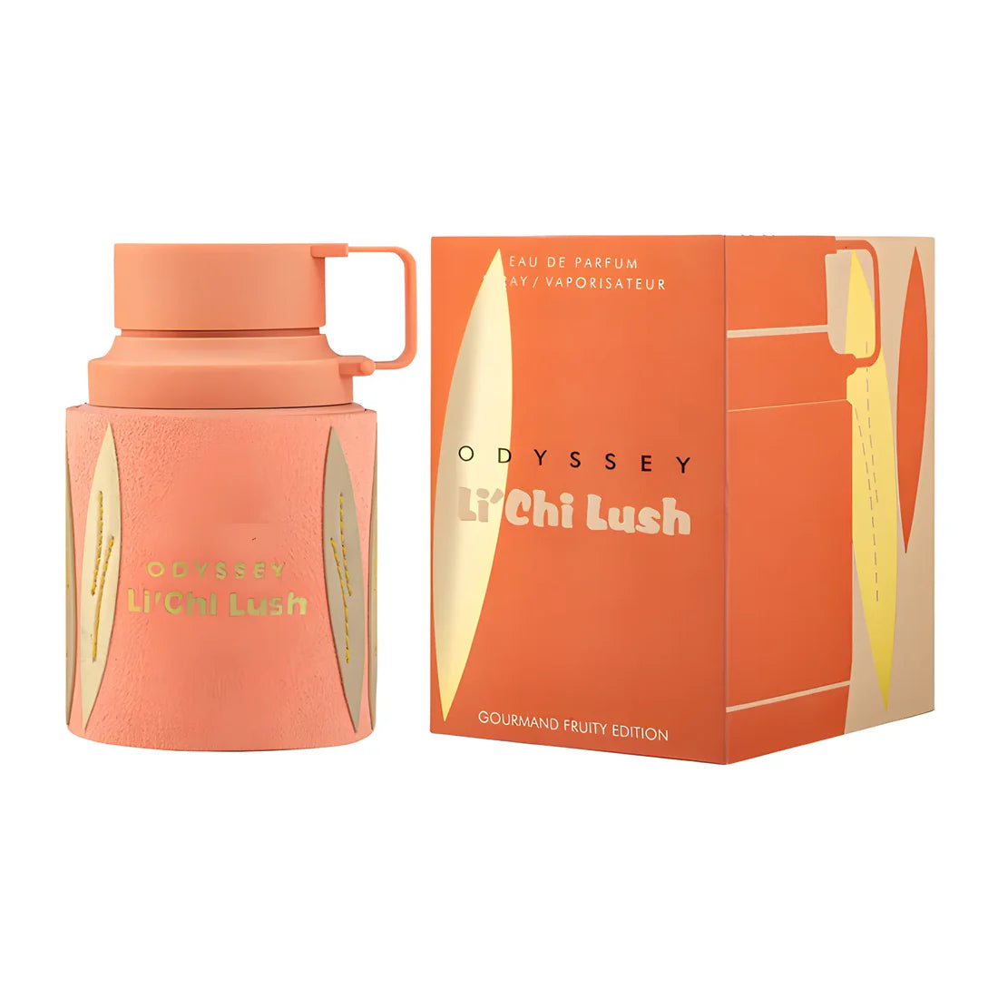 Armaf Odyssey Li'Chi Lush Eau De Parfum 100ml gourmand fruity fragrance bottle with matching peach and gold retail box, luxury perfume presentation on a white background.