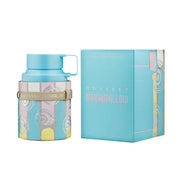 Armaf Odyssey Marshmallow Eau De Parfum 100ml gourmand fragrance bottle with matching pastel blue retail box, luxury sweet perfume presentation on a white background.