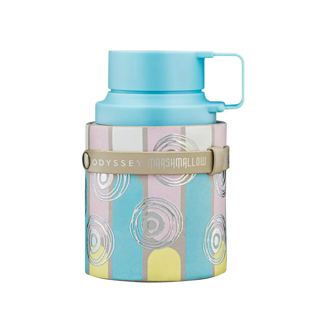 Armaf Odyssey Marshmallow Eau De Parfum 100ml perfume bottle featuring a pastel blue cap and whimsical marshmallow-inspired design, isolated on a white background.