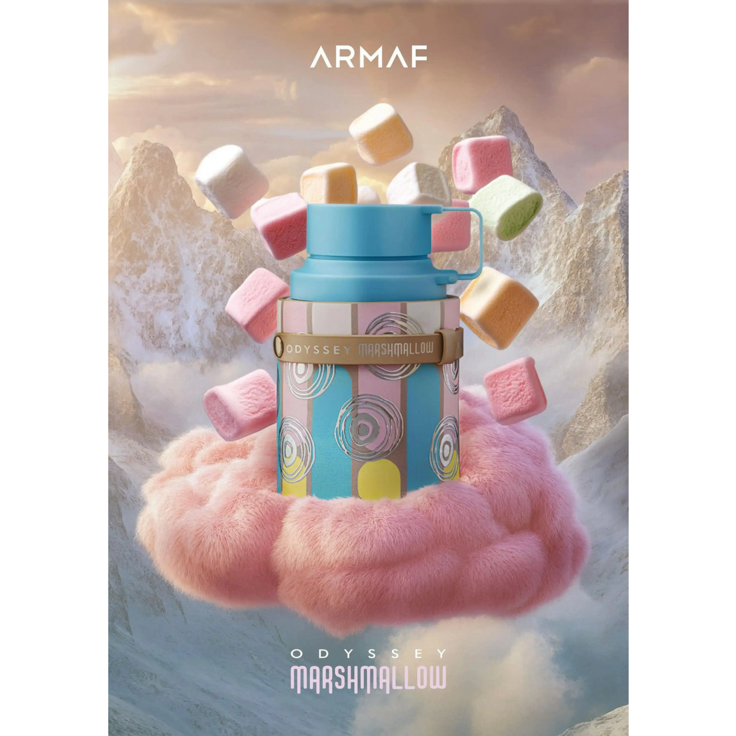 Armaf Odyssey Marshmallow Eau De Parfum 100ml gourmand fragrance surrounded by colourful marshmallows and fluffy pink clouds, highlighting its sweet vanilla and fruity scent profile.