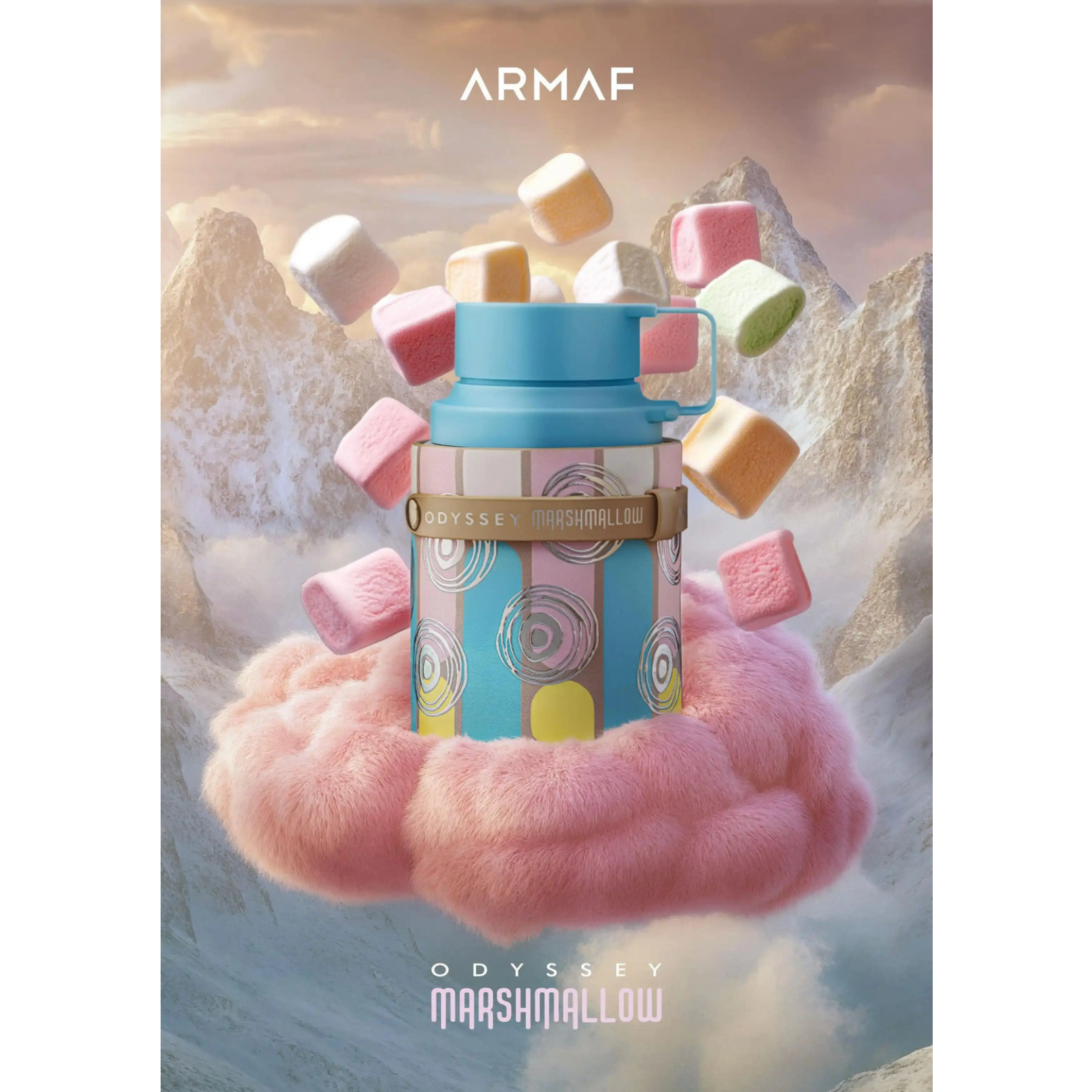 Armaf Odyssey Marshmallow Eau De Parfum 100ml gourmand fragrance surrounded by colourful marshmallows and fluffy pink clouds, highlighting its sweet vanilla and fruity scent profile.