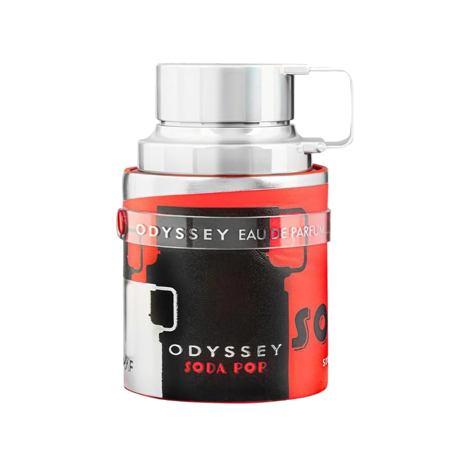 Armaf Odyssey Soda Pop Eau De Parfum 100ml perfume bottle with metallic silver cap and red, black and silver design, isolated on a white background.