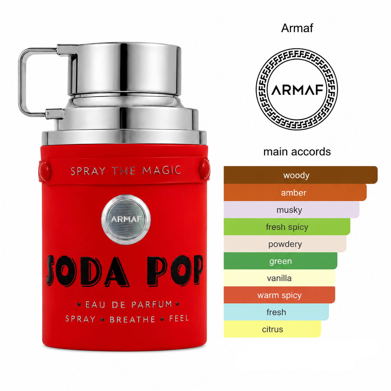 Armaf Odyssey Soda Pop Eau De Parfum 100ml fragrance bottle featuring a bold red and silver design, highlighting woody, amber, musky, fresh spicy, vanilla and citrus accords.