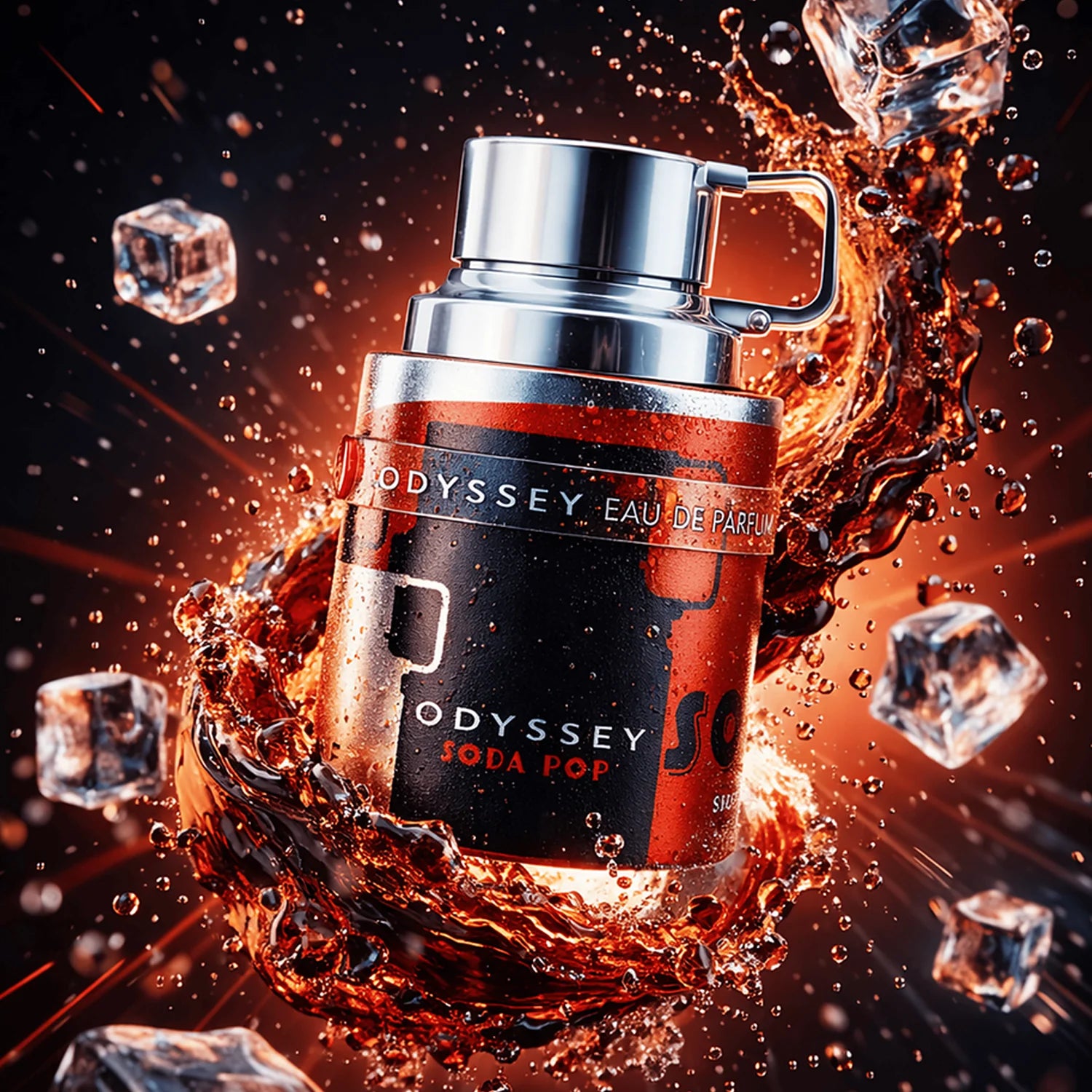 Armaf Odyssey Soda Pop Eau De Parfum 100ml fragrance surrounded by cola-inspired splashes and ice cubes, emphasizing its fresh, spicy, woody and amber scent profile.