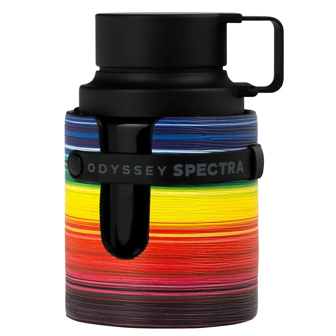 Armaf Odyssey Spectra Eau De Parfum 100ml Rainbow Edition perfume bottle featuring a black cap and colourful rainbow-striped design, isolated on a white background.