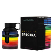 Armaf Odyssey Spectra Eau De Parfum 100ml Rainbow Edition fragrance bottle with matching black and rainbow-accented retail box, luxury unisex perfume presentation on a white background.