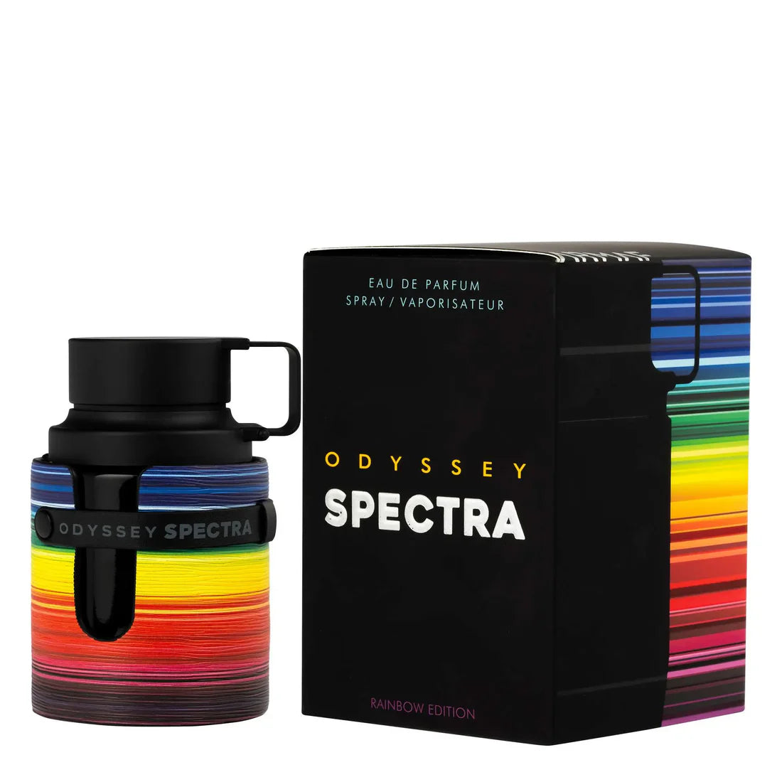 Armaf Odyssey Spectra Eau De Parfum 100ml Rainbow Edition fragrance bottle with matching black and rainbow-accented retail box, luxury unisex perfume presentation on a white background.
