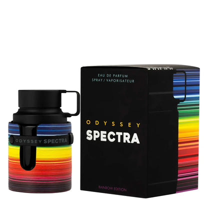 Armaf Odyssey Spectra Eau De Parfum 100ml Rainbow Edition fragrance bottle with matching black and rainbow-accented retail box, luxury unisex perfume presentation on a white background.