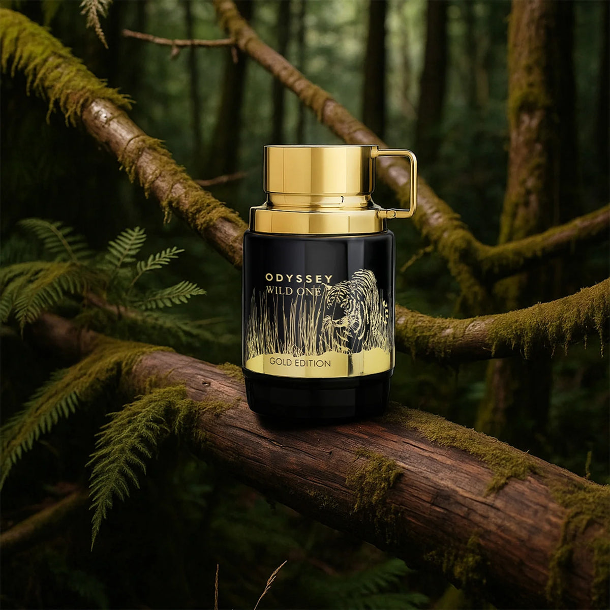Armaf Odyssey Wild One Eau De Parfum 100ml Gold Edition luxury men's fragrance bottle in black and gold packaging with tiger illustration, photographed in a natural forest environment.