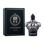 Armaf Spartacus Eau De Parfum 100ml luxury fragrance bottle alongside its premium black presentation box featuring Spartan helmet artwork and silver detailing.