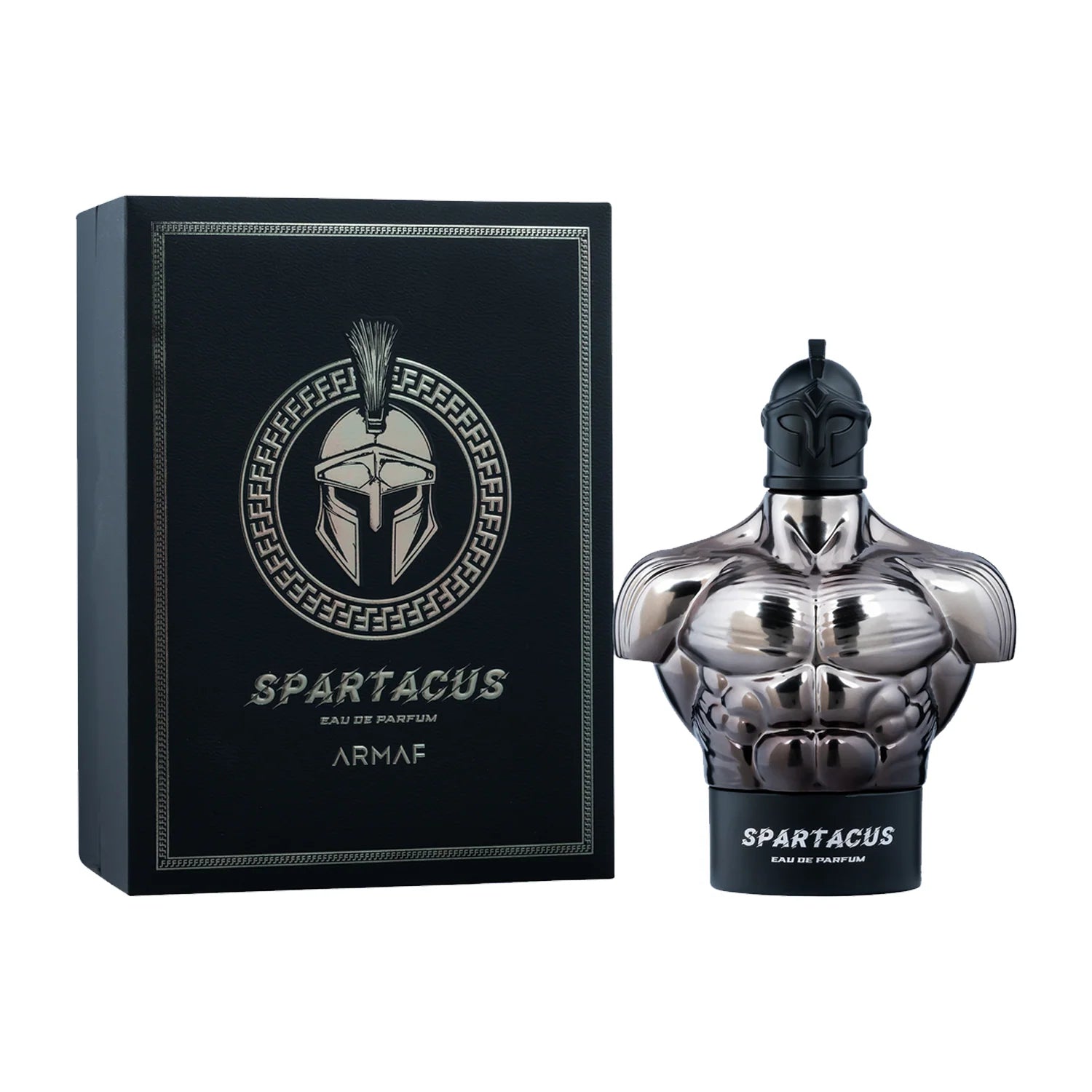 Armaf Spartacus Eau De Parfum 100ml luxury fragrance bottle alongside its premium black presentation box featuring Spartan helmet artwork and silver detailing.