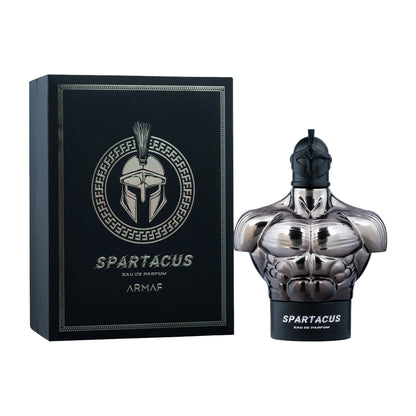 Armaf Spartacus Eau De Parfum 100ml luxury fragrance bottle alongside its premium black presentation box featuring Spartan helmet artwork and silver detailing.