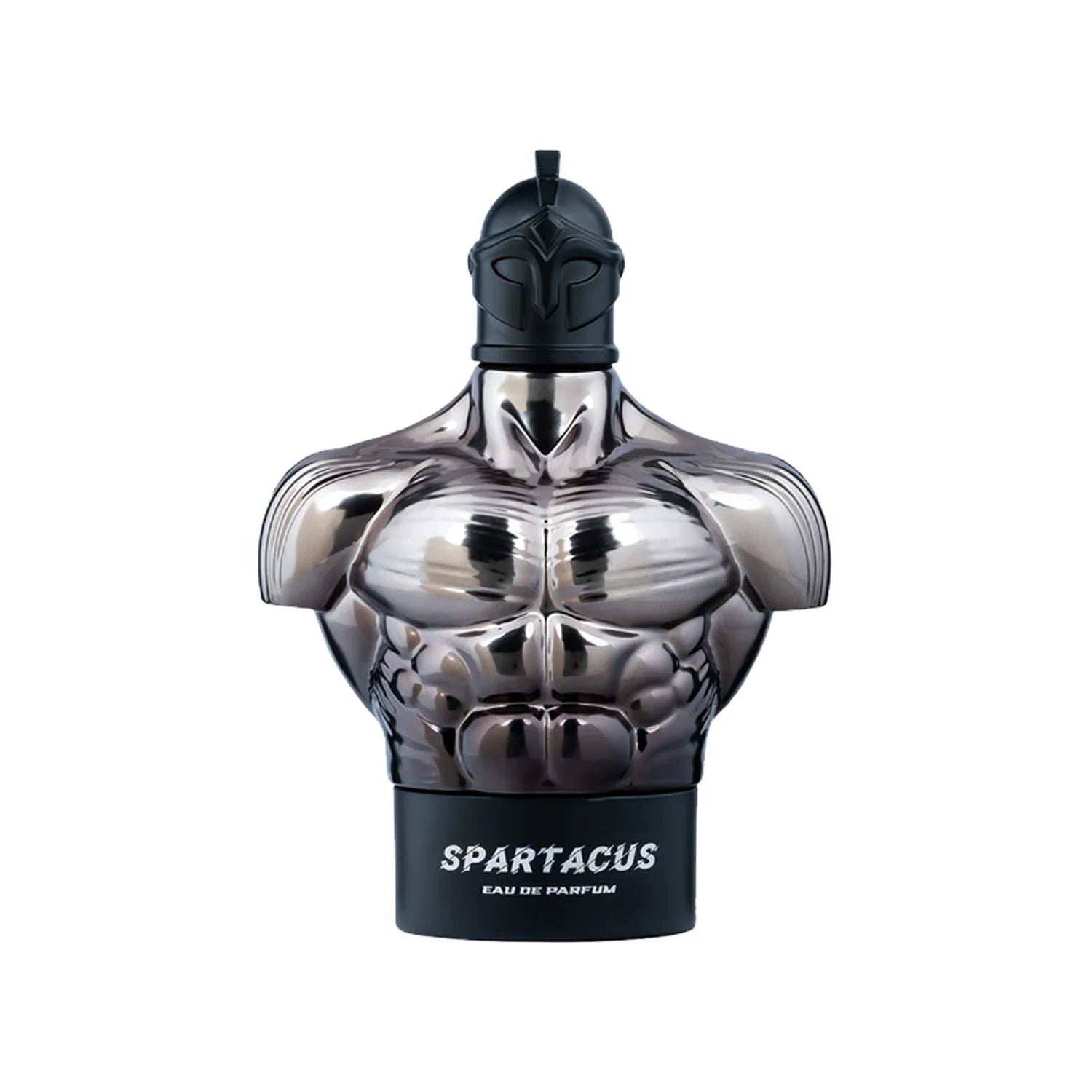Armaf Spartacus Eau De Parfum 100ml fragrance bottle designed as a metallic Spartan warrior torso with a black helmet cap, displayed against a white background.