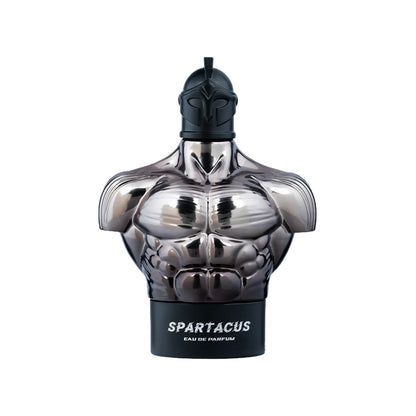 Armaf Spartacus Eau De Parfum 100ml fragrance bottle designed as a metallic Spartan warrior torso with a black helmet cap, displayed against a white background.