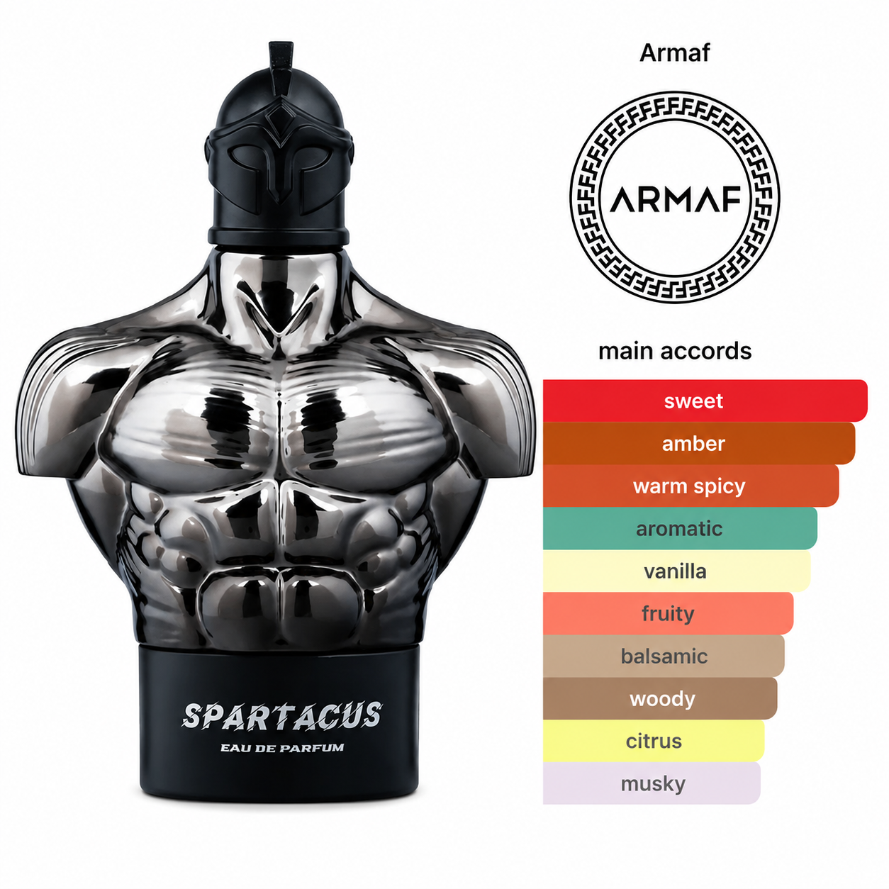 Armaf Spartacus Eau De Parfum 100ml masculine fragrance featuring a Spartan-inspired bottle design and fragrance accords including sweet, amber, warm spicy, aromatic, vanilla, fruity, woody and musky notes.