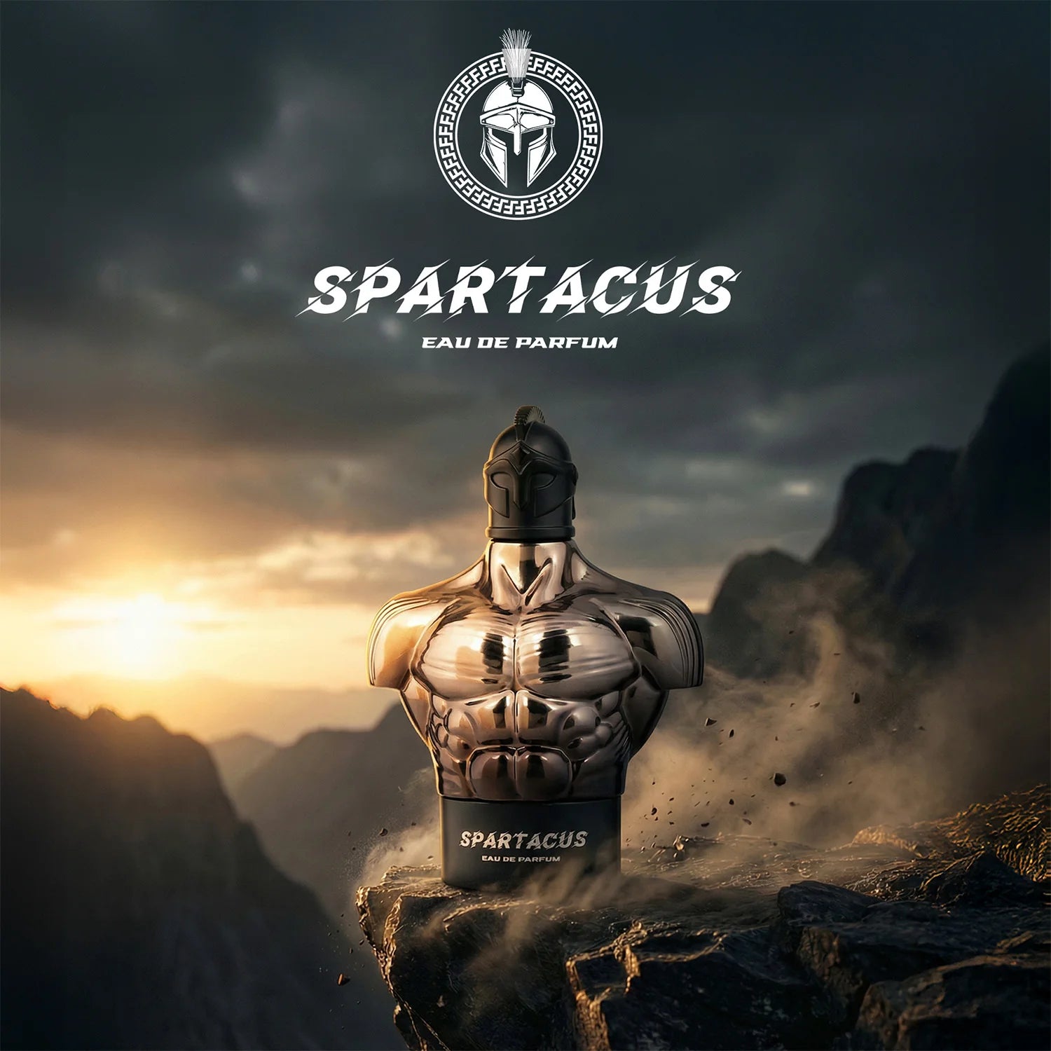 Armaf Spartacus Eau De Parfum 100ml showcased on a rugged mountain cliff at sunset, emphasizing a bold warrior-inspired character and powerful masculine presence.