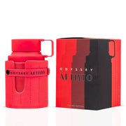 Armaf Odyssey Artisto Eau De Parfum Red Edition fragrance bottle with red leather-inspired case and matching red retail box, luxury unisex perfume presentation on a white background.