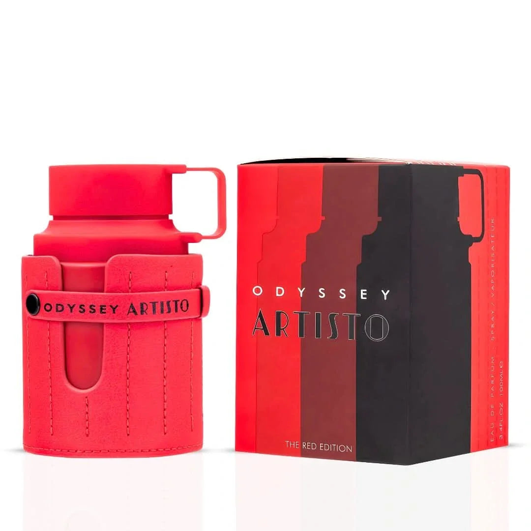 Armaf Odyssey Artisto Eau De Parfum Red Edition fragrance bottle with red leather-inspired case and matching red retail box, luxury unisex perfume presentation on a white background.