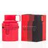 Armaf Odyssey Artisto Eau De Parfum Red Edition fragrance bottle with red leather-inspired case and matching red retail box, luxury unisex perfume presentation on a white background.