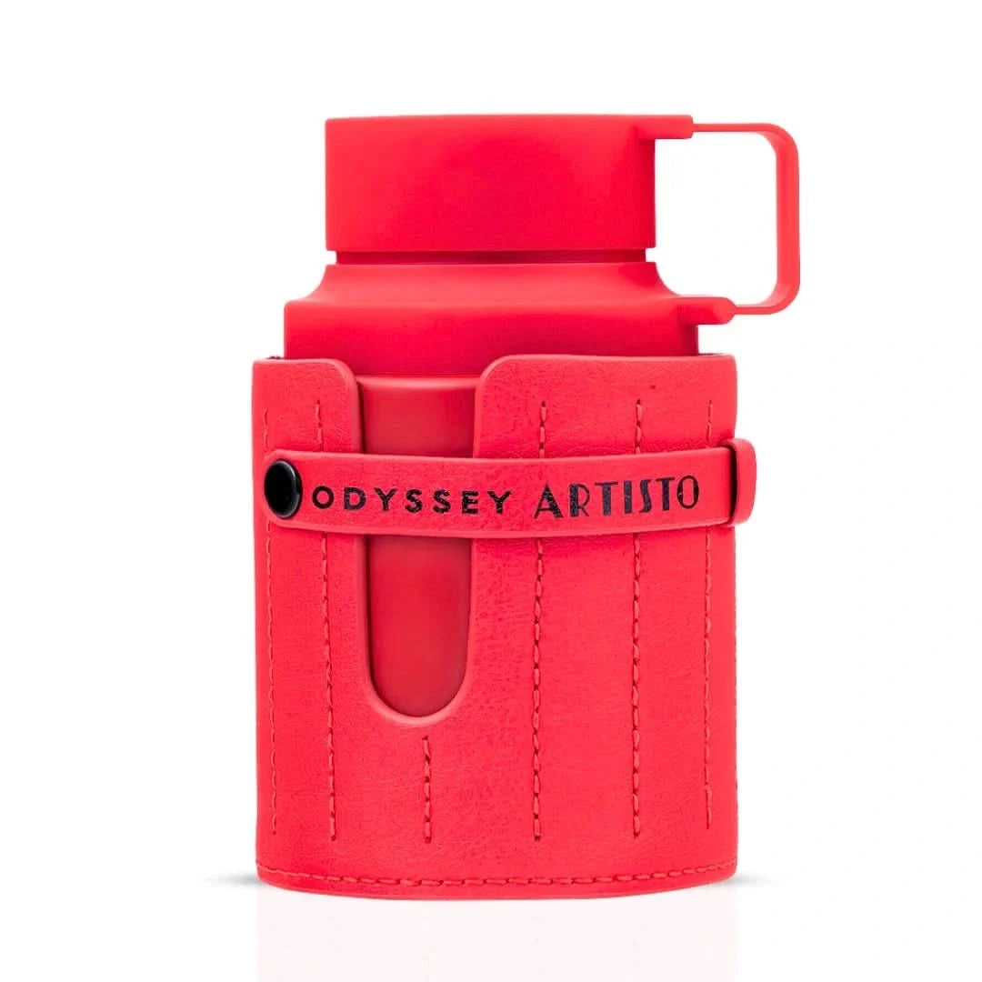 Armaf Odyssey Artisto Eau De Parfum Red Edition perfume bottle featuring a vibrant red leather-style sleeve and modern designer cap, isolated on a clean white background.