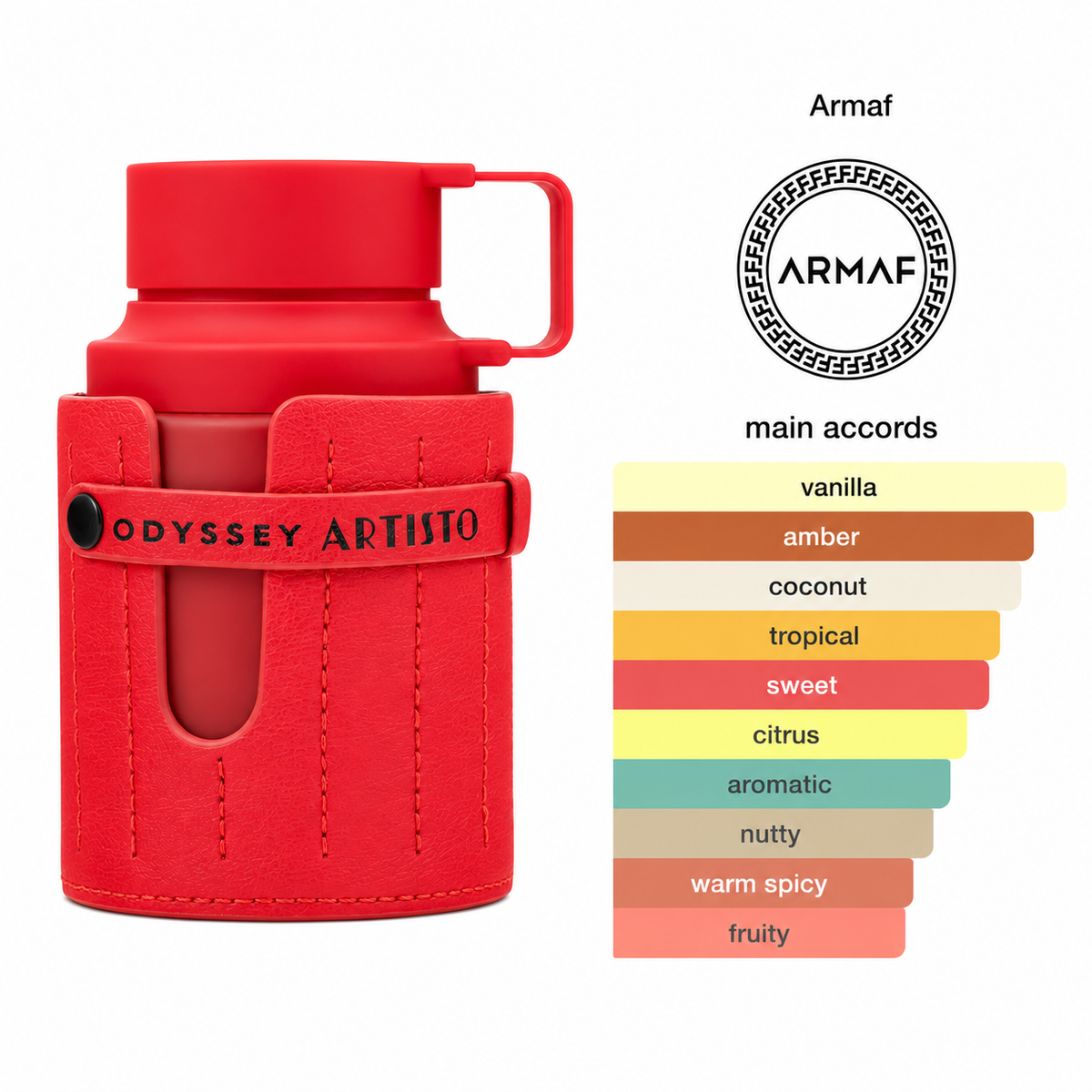 Armaf Odyssey Artisto Eau De Parfum Red Edition fragrance showcasing its main accords including vanilla, amber, coconut, tropical fruits, citrus, aromatic, nutty and warm spicy notes.