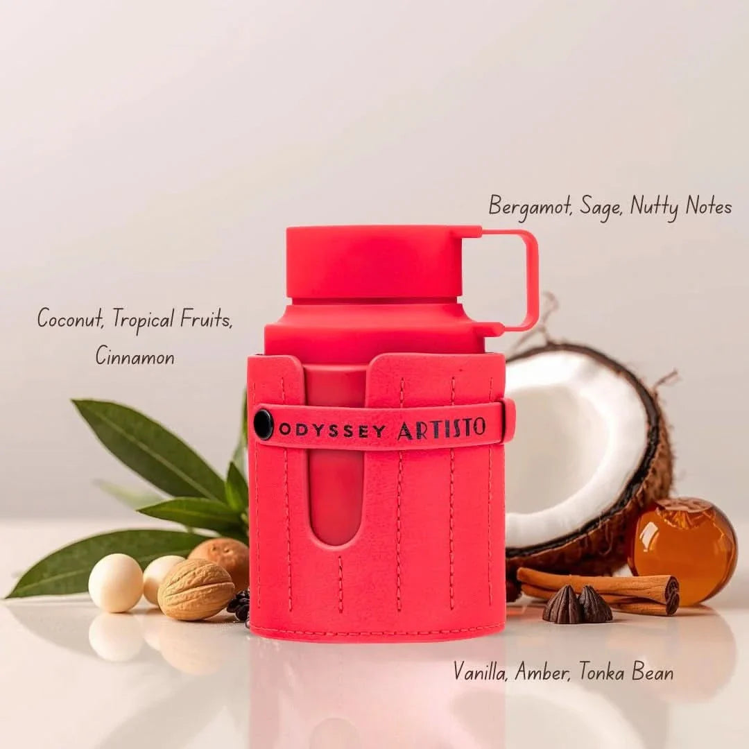 Armaf Odyssey Artisto Eau De Parfum Red Edition with coconut, tropical fruits, cinnamon, bergamot, sage, vanilla, amber and tonka bean notes displayed alongside fragrance ingredients.