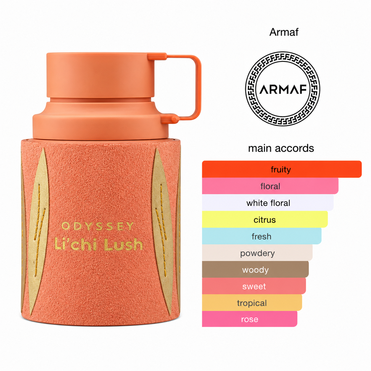 Armaf Odyssey Li'Chi Lush Eau De Parfum 100ml fragrance bottle featuring a peach-pink and gold design, highlighting fruity, floral, white floral, citrus, fresh, sweet and tropical accords.
