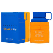 Armaf Odyssey Mandarin Sky Elixir Eau De Parfum 100ml box and bottle on a white background