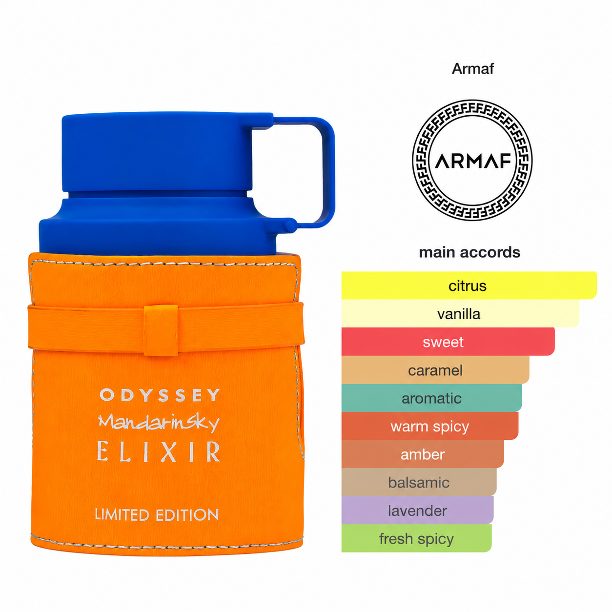 Armaf Odyssey Mandarin Sky Elixir Eau De Parfum 100ml bottle and list of main accords 