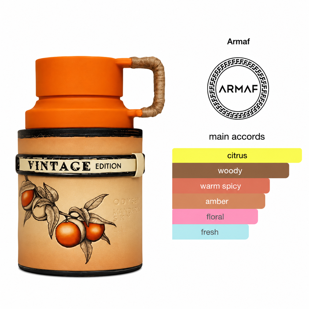 Armaf Odyssey Mandarin Sky Vintage Edition Eau De Parfum 100ml bottle and tier list of main accords on a white background