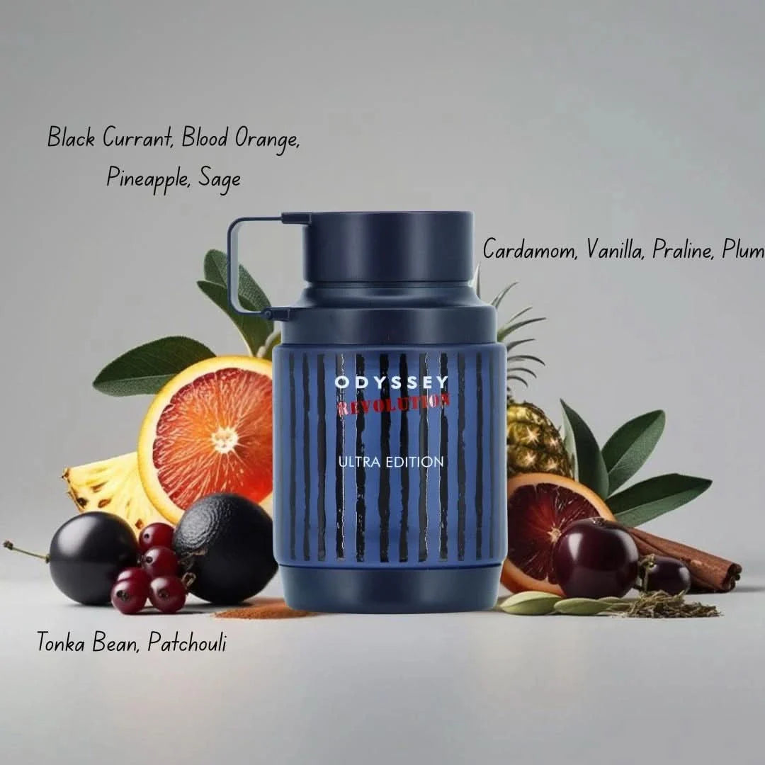 Armaf Odyssey Revolution Eau De Parfum 100ml bottle and fruits showcasing notes on a grey background