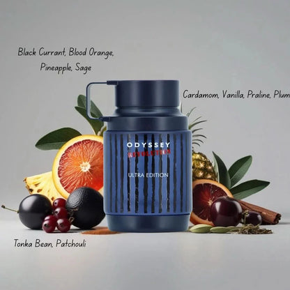 Armaf Odyssey Revolution Eau De Parfum 100ml bottle and fruits showcasing notes on a grey background