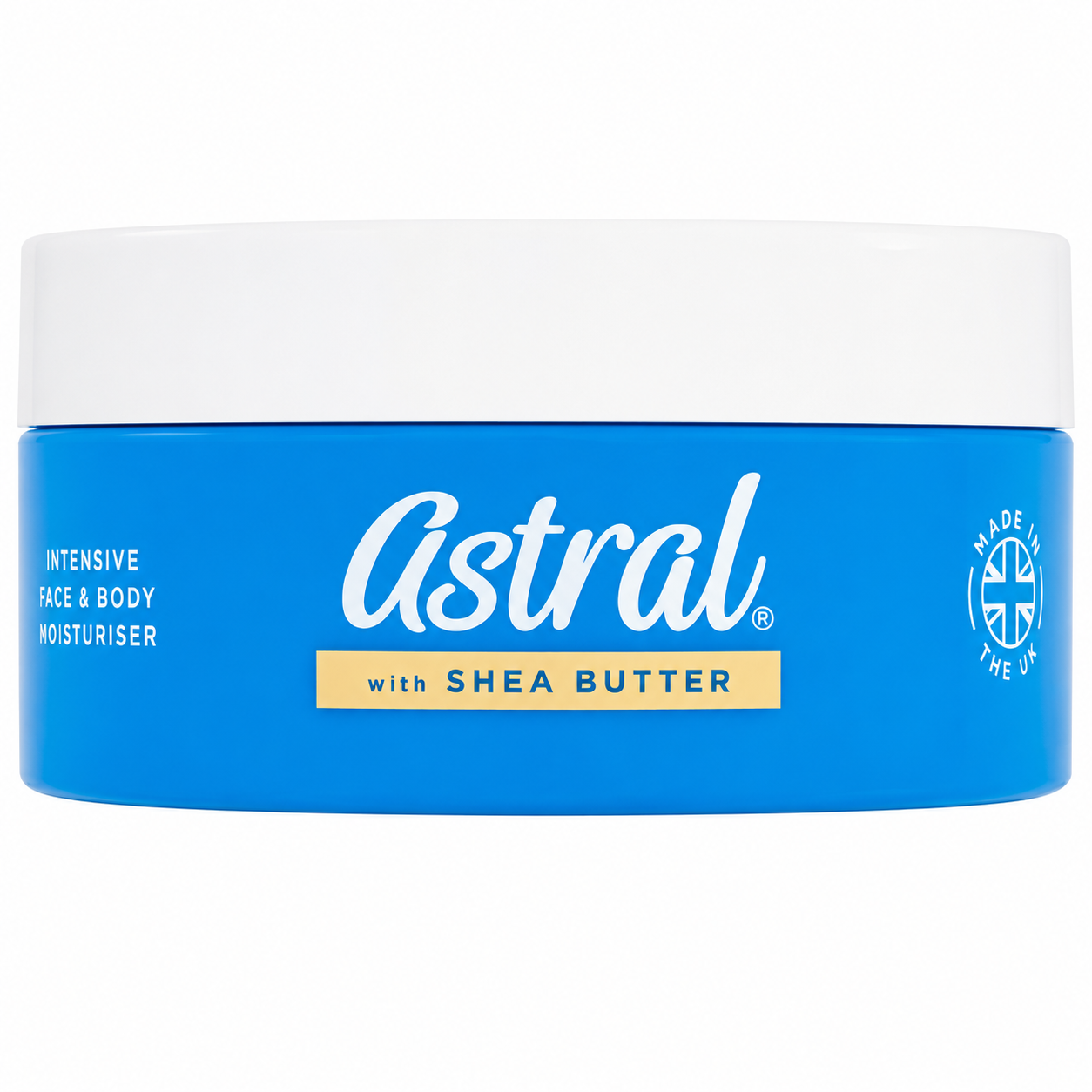 Astral Intensive Face and Body Moisturiser with Shea Butter 200ml blue tub, a dermatologically tested hydrating cream for soft, smooth skin
