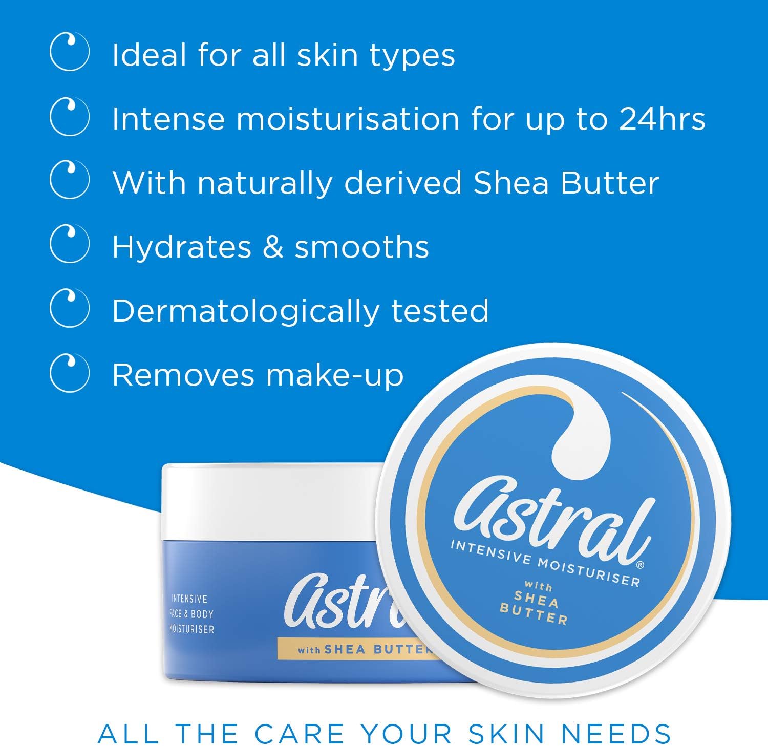 Astral Intensive Face and Body Moisturiser with Shea Butter 200ml, providing up to 24-hour hydration for all skin types while smoothing skin and removing make-up