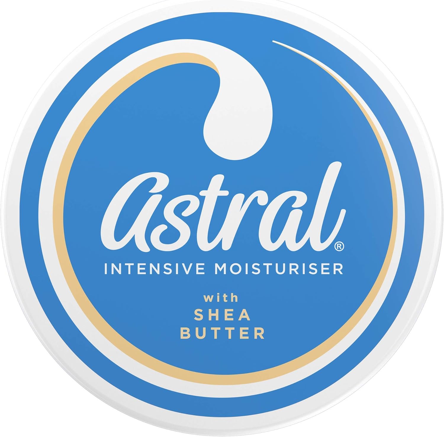 Astral Intensive Face and Body Moisturiser with Shea Butter 200ml tub lid featuring the classic blue, white and gold packaging