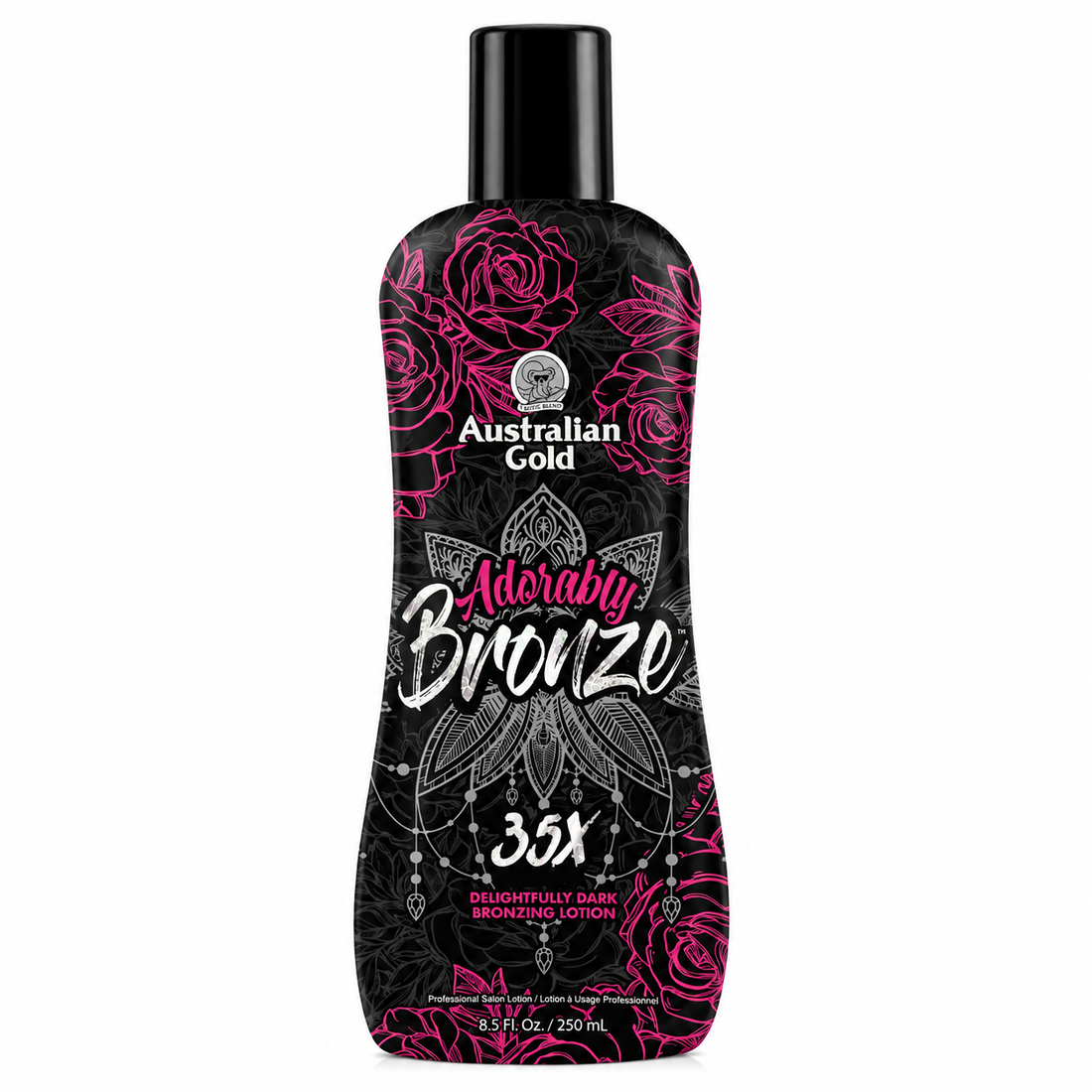 Australian Gold Adorably Bronze 35X Delightfully Dark Bronzing Lotion, 250ml tanning lotion bottle with black packaging, pink floral design, and 35X bronzing formula for a deep, dark tan.
