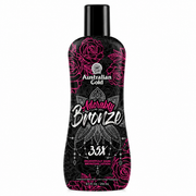 Australian Gold Adorably Bronze 35X Delightfully Dark Bronzing Lotion, 250ml tanning lotion bottle with black packaging, pink floral design, and 35X bronzing formula for a deep, dark tan.