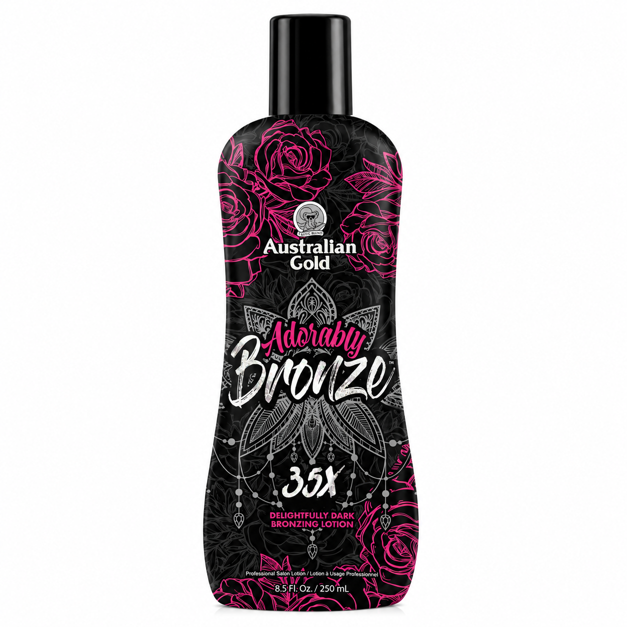 Australian Gold Adorably Bronze 35X Delightfully Dark Bronzing Lotion, 250ml tanning lotion bottle with black packaging, pink floral design, and 35X bronzing formula for a deep, dark tan.